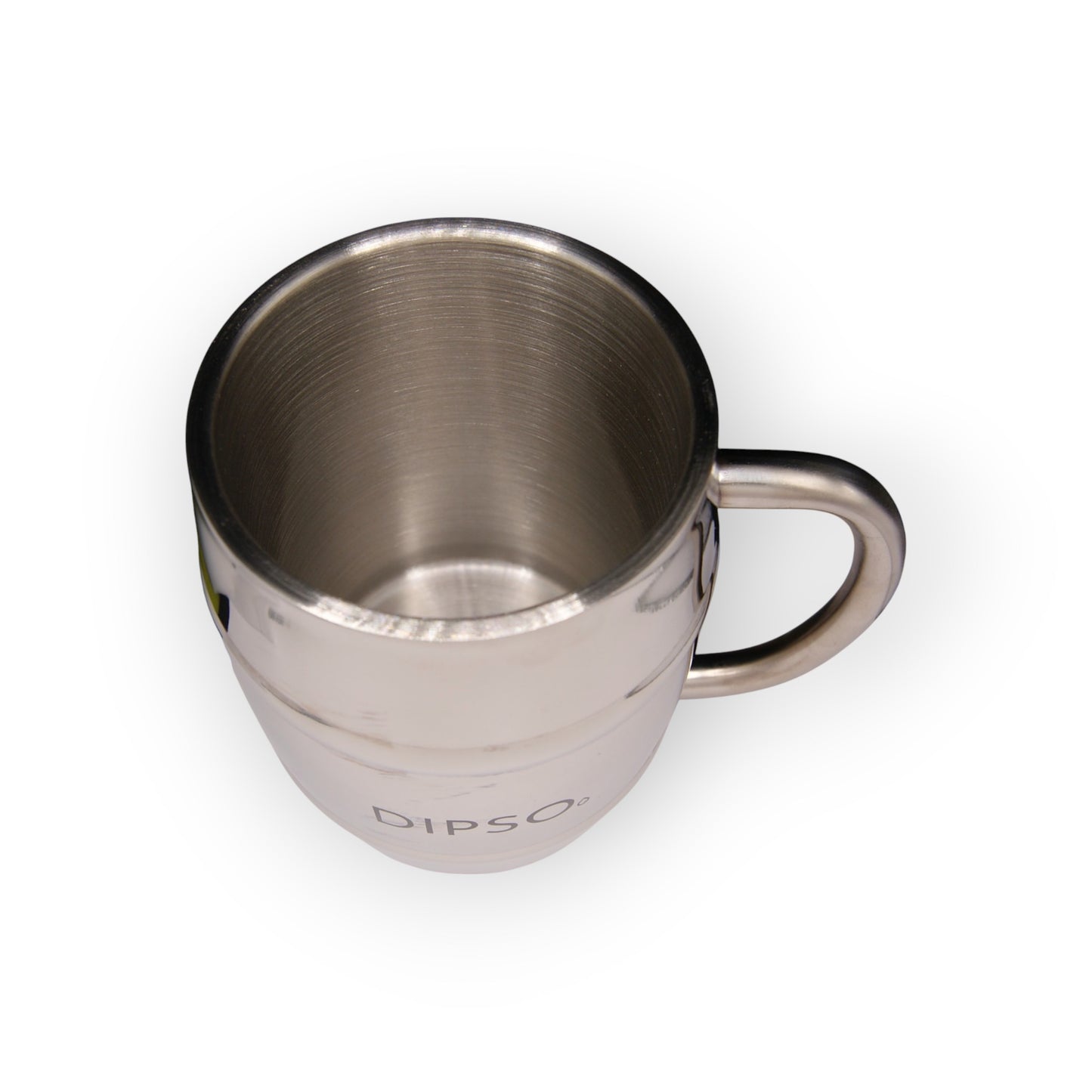 Vista superior de la jarra térmica de acero inoxidable Dipso Duff 300ml, con acabado pulido espejo, ideal para cerveza fría.