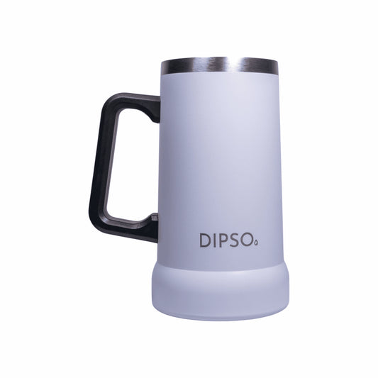 Vista frontal de la jarra térmica de acero inoxidable Dipso Birra 700ml blanca, con asa grande y aislamiento de doble pared.