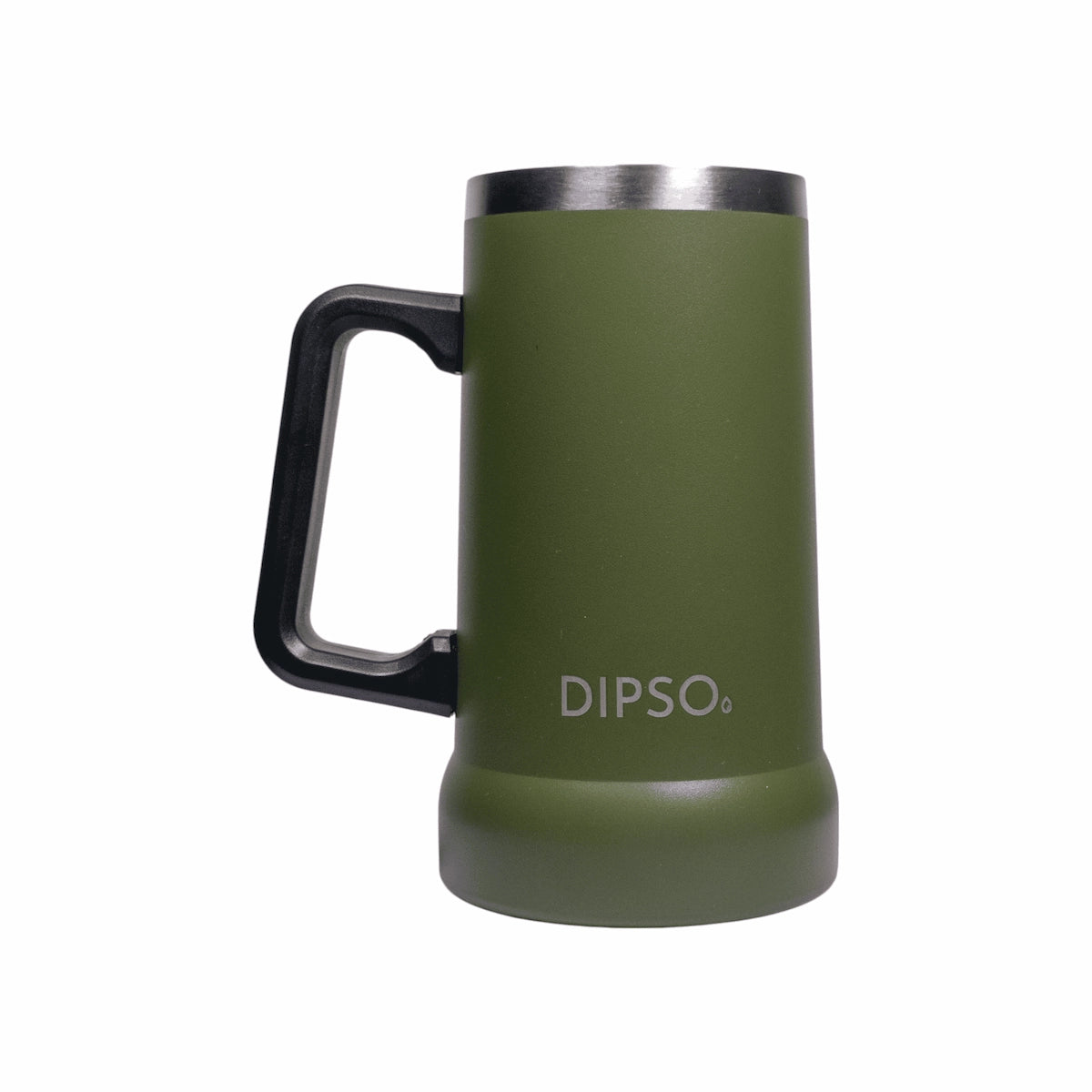 Vista frontal de la jarra térmica de acero inoxidable Dipso Birra 700ml verde, con asa grande y aislamiento de doble pared.