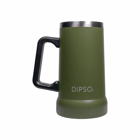 Vista frontal de la jarra térmica de acero inoxidable Dipso Birra 700ml verde, con asa grande y aislamiento de doble pared.