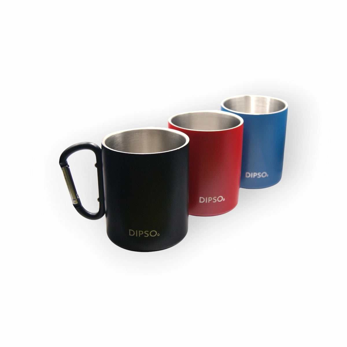 Taza térmica de acero inoxidable Dipso Climber 300ml negra, roja, y azul con asa mosquetón ideal para llevar en exteriores.