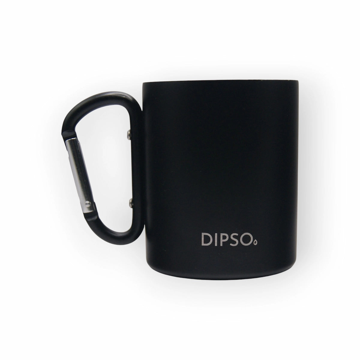 Vista frontal de la taza térmica de acero inoxidable Dipso Climber 300ml negra, con asa mosquetón ideal para llevar en exteriores.