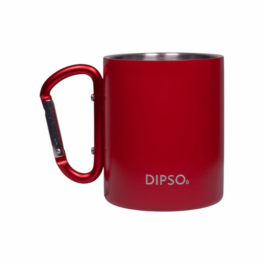 Vista frontal de la taza térmica de acero inoxidable Dipso Climber 300ml roja, con asa mosquetón ideal para llevar en exteriores.