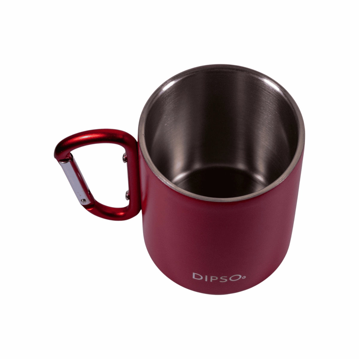 Vista superior de la taza térmica de acero inoxidable Dipso Climber 300ml roja, con asa mosquetón ideal para llevar en exteriores.