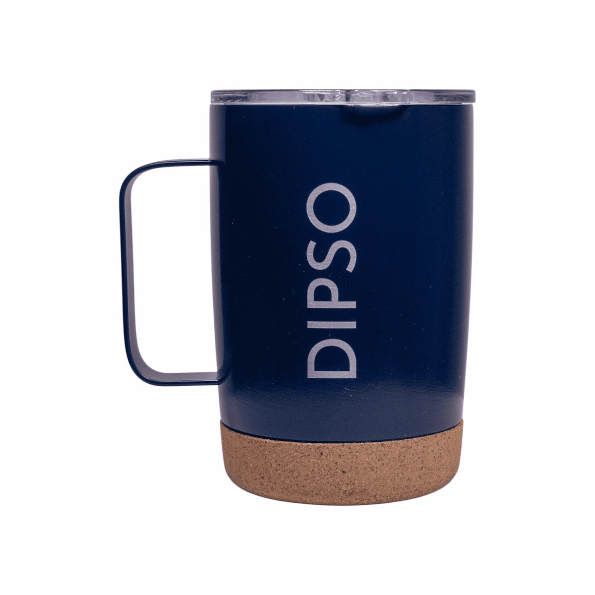 Vista frontal de la taza térmica de acero inoxidable Dipso Cork Mini 350ml azul navy, con tapa para beber y base de corcho antideslizante.