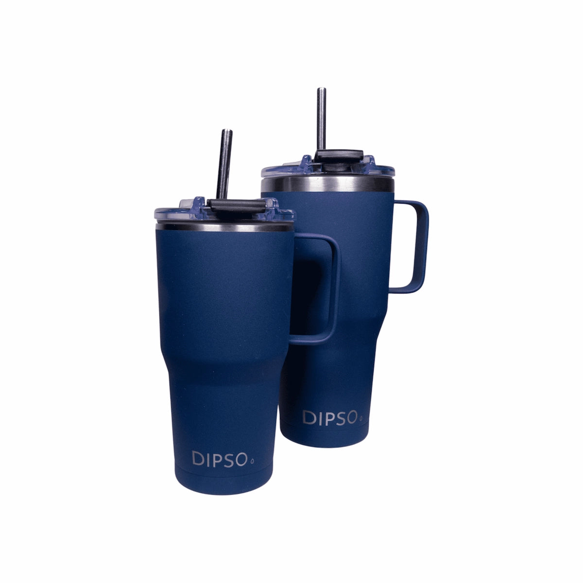 Comparación de tamaños de la taza térmica de acero inoxidable Dipso Tanquer en color azul marino, mostrando los modelos de 600ml y 900ml con tapa roscada y asa.