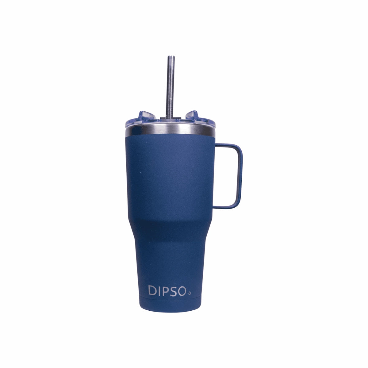 Vista frontal de la taza térmica de acero inoxidable Dipso Tanquer 900ml azul marino, con tapa roscada, asa y pajita reutilizable.