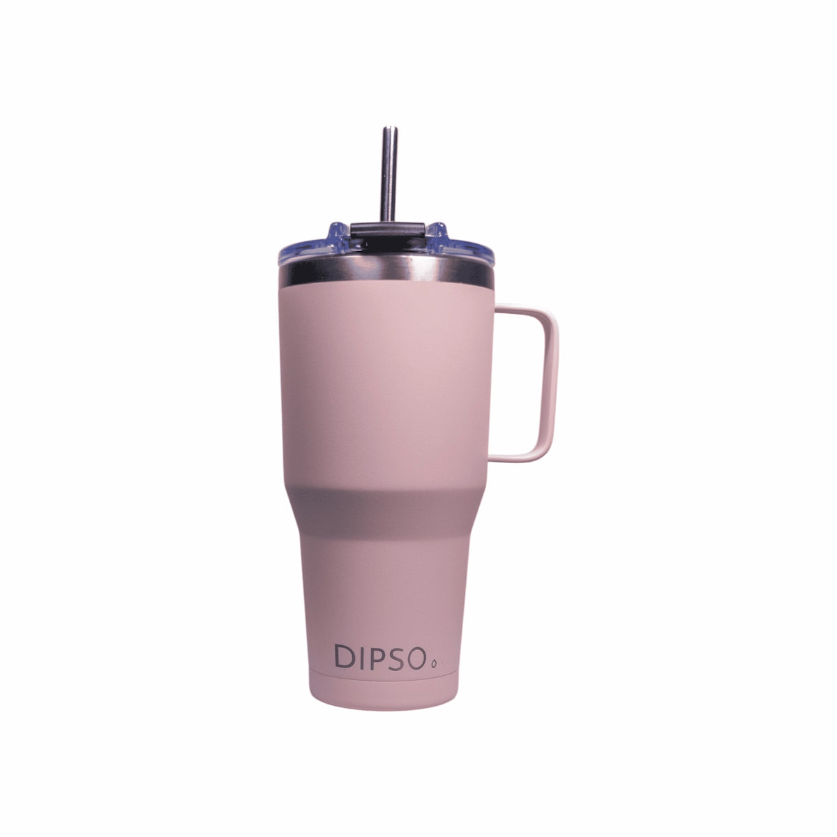 Vista frontal con la pajita puesta de la taza térmica de acero inoxidable Dipso Tanquer 900ml en rosa palo, con tapa roscada, asa y pajita reutilizable.