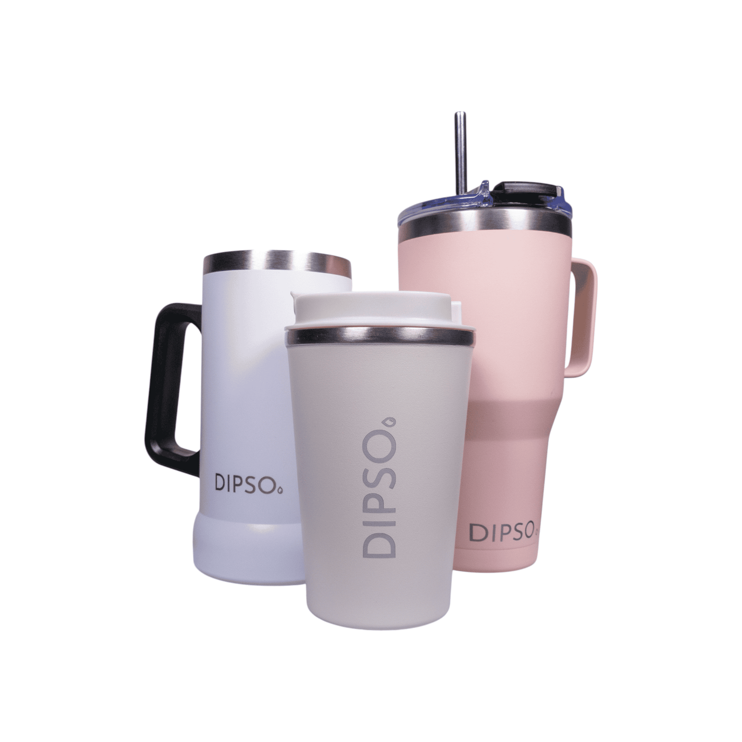 Comparación de modelos de tazas térmicas de acero inoxidable Dipso: Tinto, Duff y Tanquer, destacando sus diferencias en diseño, tamaño y uso.
