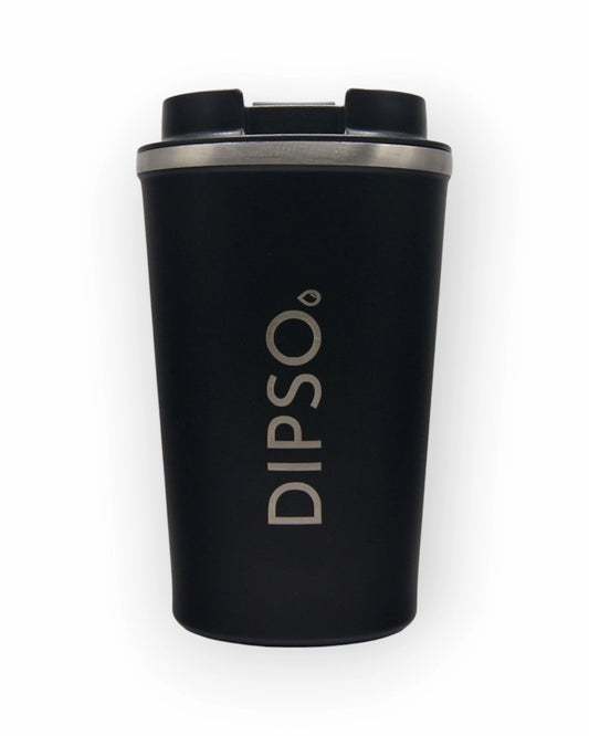 Vista frontal del vaso térmico de acero inoxidable Dipso Tinto 300ml negro, sin asa, con tapa roscada de fácil apertura.