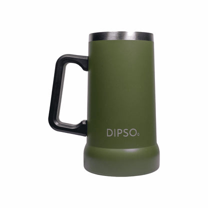 Vista frontal de la jarra térmica de acero inoxidable Dipso Birra 700ml verde, con asa grande y aislamiento de doble pared.