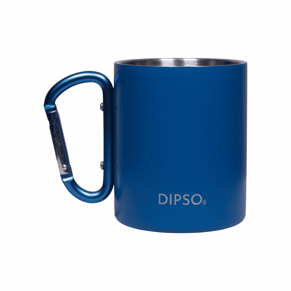 Vista frontal de la taza térmica de acero inoxidable Dipso Climber 300ml azul, con asa mosquetón ideal para llevar en exteriores.