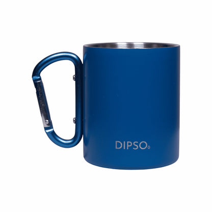 Vista frontal de la taza térmica de acero inoxidable Dipso Climber 300ml azul, con asa mosquetón ideal para llevar en exteriores.