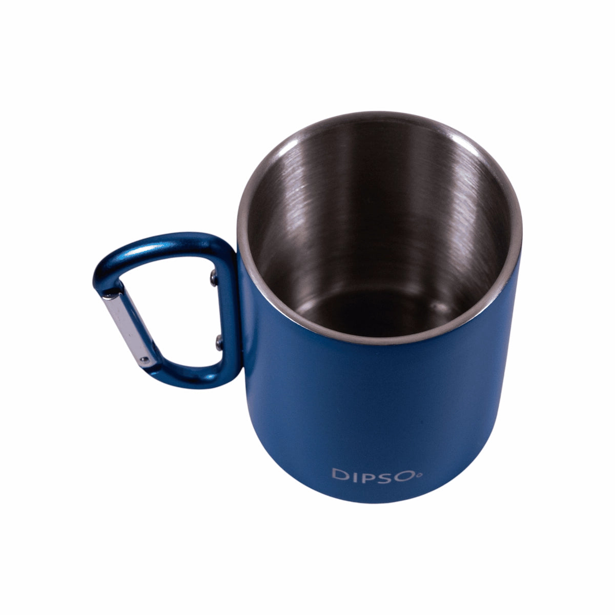 Vista superior de la taza térmica de acero inoxidable Dipso Climber 300ml azul, con asa mosquetón ideal para llevar en exteriores.