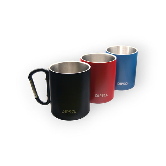 Taza térmica de acero inoxidable Dipso Climber 300ml negra, roja, y azul con asa mosquetón ideal para llevar en exteriores.