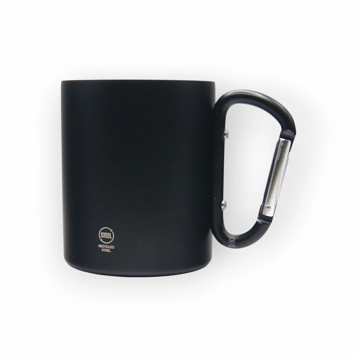 Vista trasera de la taza térmica de acero inoxidable Dipso Climber 300ml negra, con asa mosquetón ideal para llevar en exteriores.