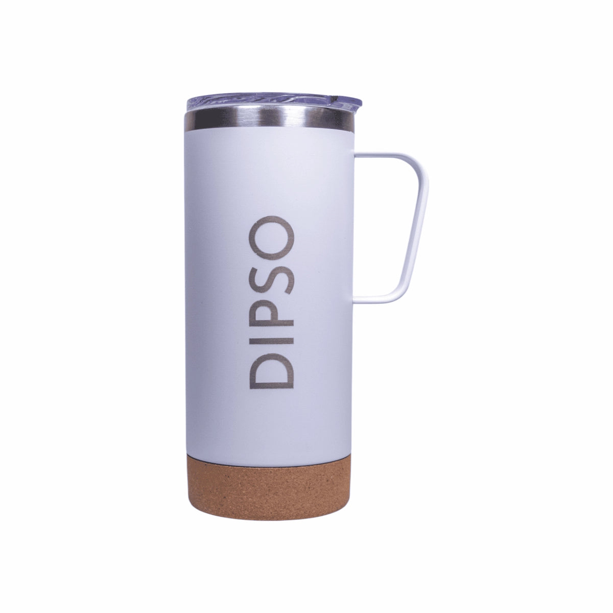 Vista frontal de la taza térmica de acero inoxidable Dipso Cork 600ml blanca, con tapa para beber y base de corcho antideslizante.
