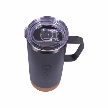 
Vista superior de la taza térmica de acero inoxidable Dipso Cork 600ml gris plomo, con tapa para beber y base de corcho antideslizante.