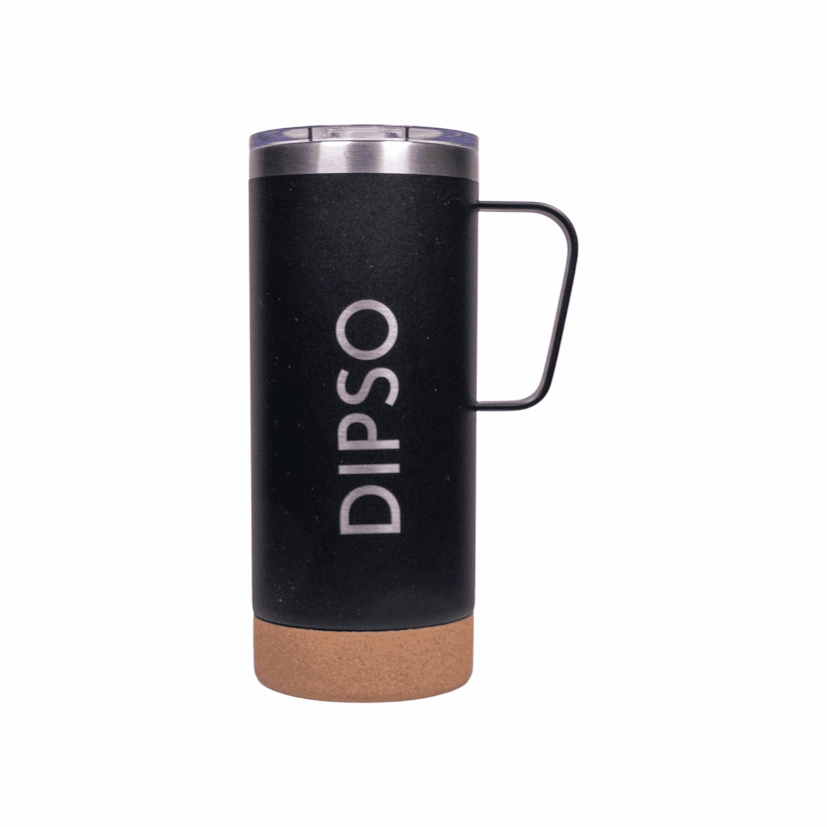 Vista frontal de la taza térmica de acero inoxidable Dipso Cork 600ml negra, con tapa para beber y base de corcho antideslizante.