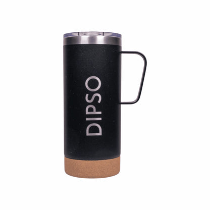 Vista frontal de la taza térmica de acero inoxidable Dipso Cork 600ml negra, con tapa para beber y base de corcho antideslizante.
