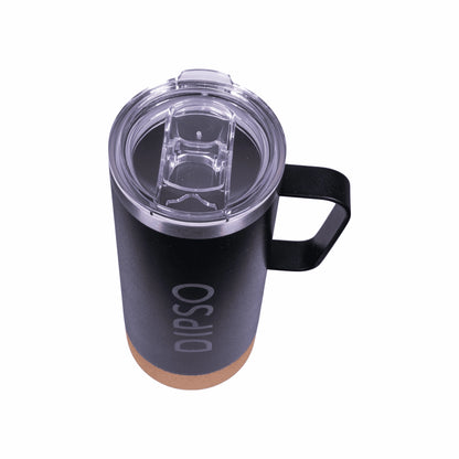 Vista superior de la taza térmica de acero inoxidable Dipso Cork 600ml negra, con tapa para beber y base de corcho antideslizante.
