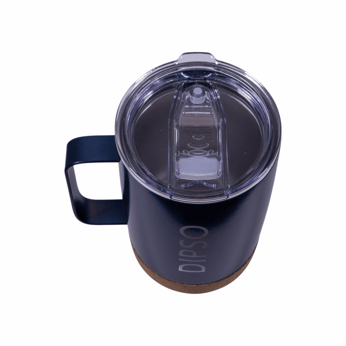 Vista superior de la taza térmica de acero inoxidable Dipso Cork Mini 350ml azul navy, con tapa para beber y base de corcho antideslizante.