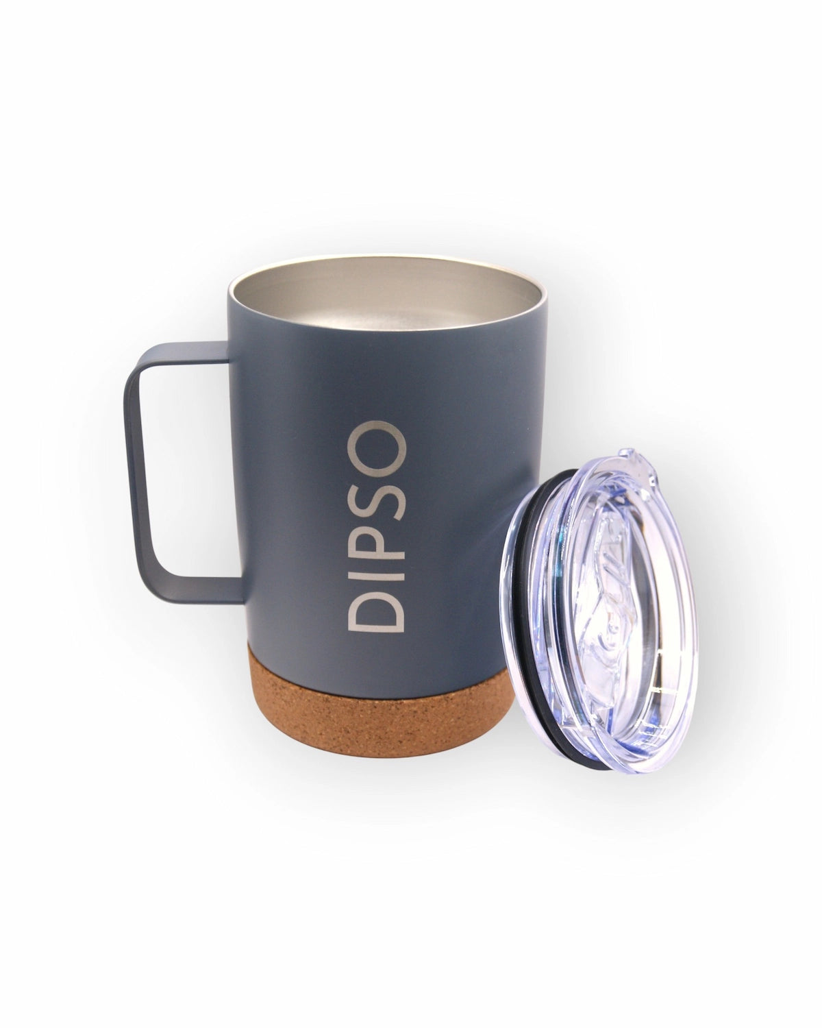 Detalle de la tapa de taza térmica de acero inoxidable Dipso Cork Mini 350ml gris plomo, con tapa para beber y base de corcho antideslizante.