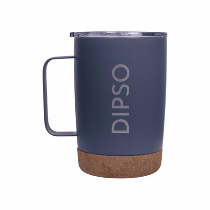 Vista frontal de la taza térmica de acero inoxidable Dipso Cork Mini 350ml gris, con tapa para beber y base de corcho antideslizante.