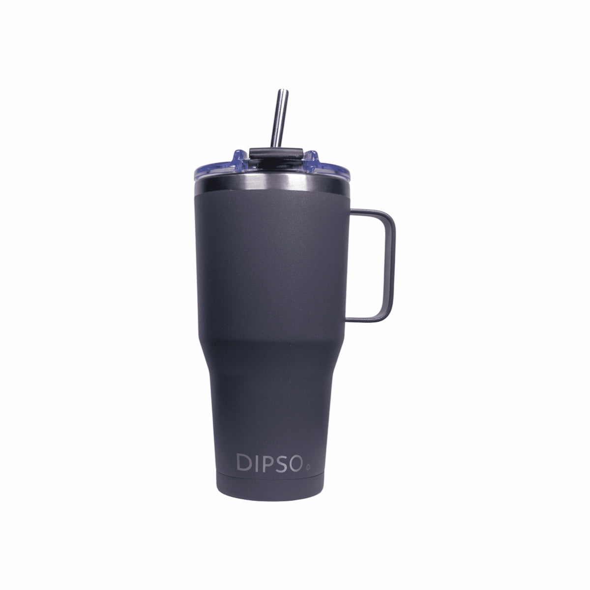 Vista frontal con la pajita puesta de la taza térmica de acero inoxidable Dipso Tanquer 900ml gris, con tapa roscada, asa y pajita reutilizable.