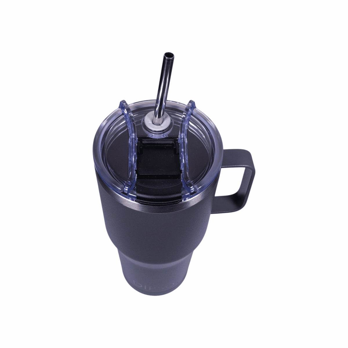 Vista frontal de la taza térmica de acero inoxidable Dipso Climber 300ml roja, con asa mosquetón ideal para llevar en exteriores.