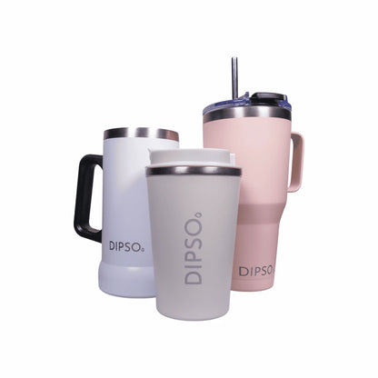 Comparación de modelos de tazas térmicas de acero inoxidable Dipso: Tinto, Duff y Tanquer, destacando sus diferencias en diseño, tamaño y uso