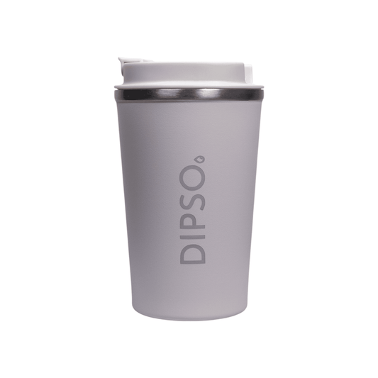 Vista frontal del vaso térmico de acero inoxidable Dipso Tinto 300ml blanco, sin asa, con tapa roscada de fácil apertura.