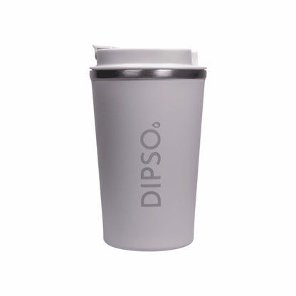 Vista frontal del vaso térmico de acero inoxidable Dipso Tinto 300ml blanco, sin asa, con tapa roscada de fácil apertura.