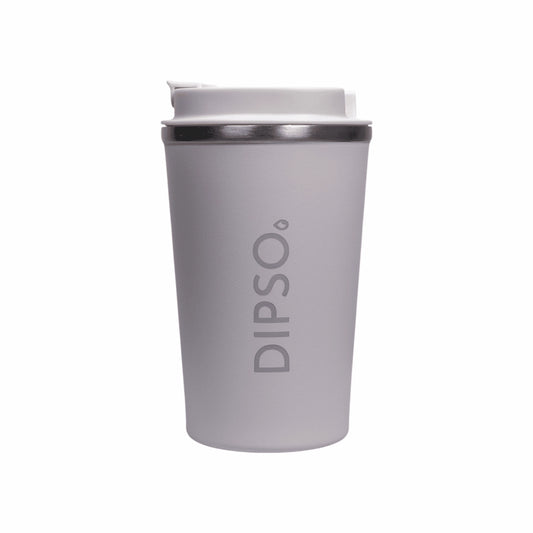 Vista frontal del vaso térmico de acero inoxidable Dipso Tinto 300ml blanco, sin asa, con tapa roscada de fácil apertura.