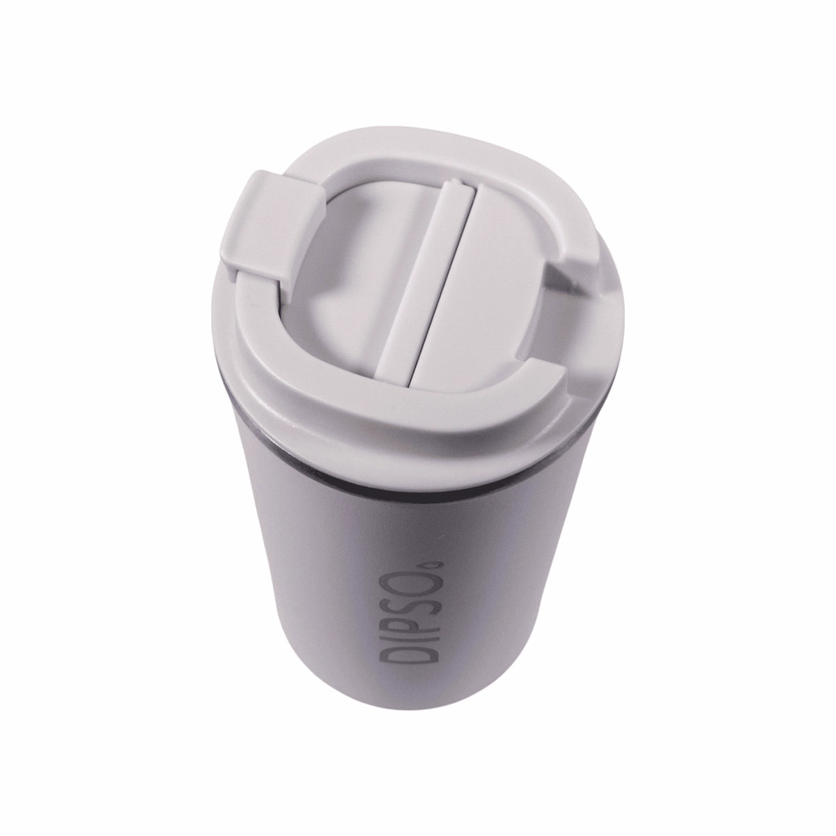 Vista superior del vaso térmico de acero inoxidable Dipso Tinto 300ml blanco, sin asa, con tapa roscada de fácil apertura.