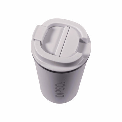 Vista superior del vaso térmico de acero inoxidable Dipso Tinto 300ml blanco, sin asa, con tapa roscada de fácil apertura.