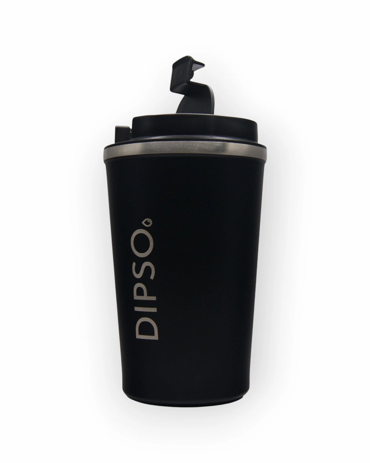 Vista lateral del vaso térmico de acero inoxidable Dipso Tinto 300ml negro, sin asa, con tapa roscada de fácil apertura.