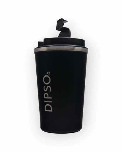 Vista lateral del vaso térmico de acero inoxidable Dipso Tinto 300ml negro, sin asa, con tapa roscada de fácil apertura.