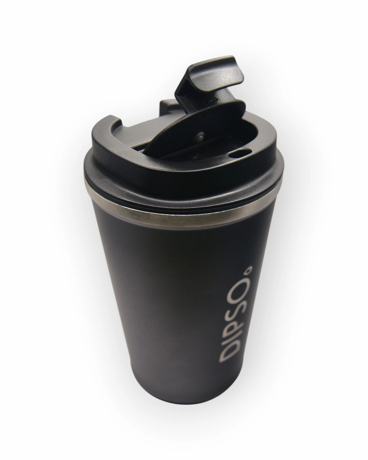 Vista superior del vaso térmico de acero inoxidable Dipso Tinto 300ml negro, sin asa, con tapa roscada de fácil apertura.