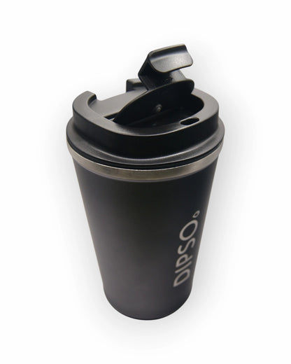 Vista superior del vaso térmico de acero inoxidable Dipso Tinto 300ml negro, sin asa, con tapa roscada de fácil apertura.